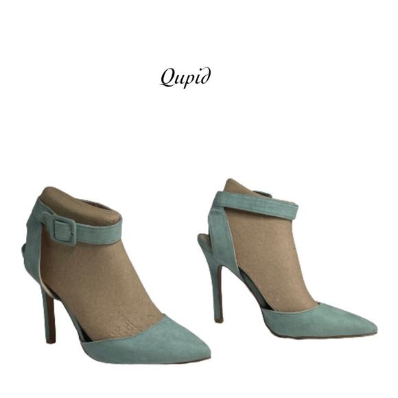 Qupid Light Green Wrap Ankle Strap Faux Suede Pointed Toe Stiletto Heels Size 10 - Picture 1 of 12